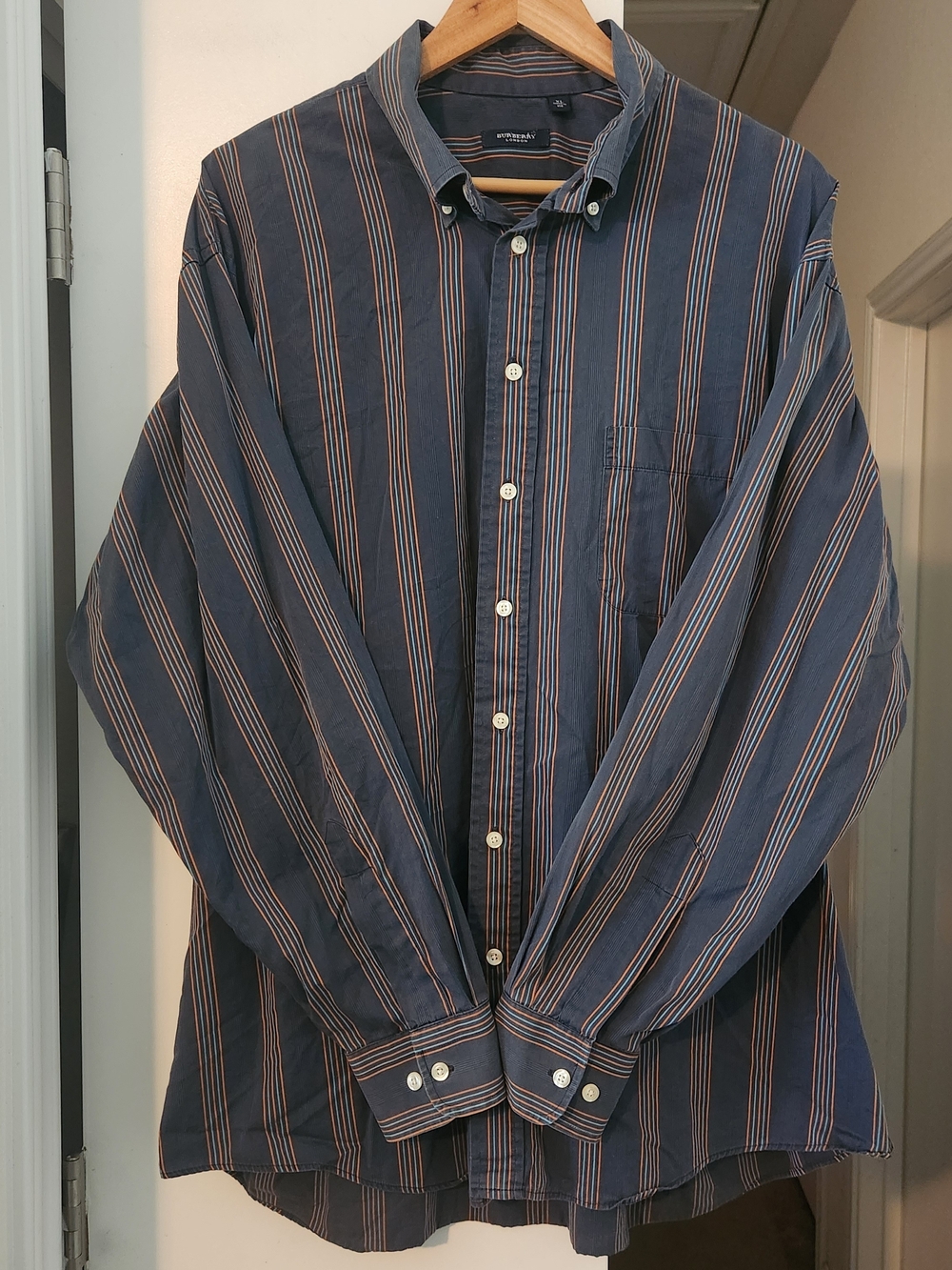 VINTAGE Burberry London Button Down Shirt Mens XL Stripe Gray Orange 🇺🇸 Made